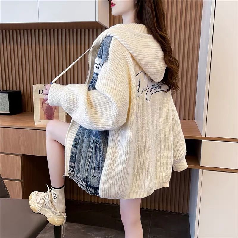 Áo len cardigan chắp vá denim