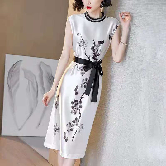 Acetate Satin White Dress for Women 2021 Summer New Retro National Style Printed Mid-Length A- line Dress