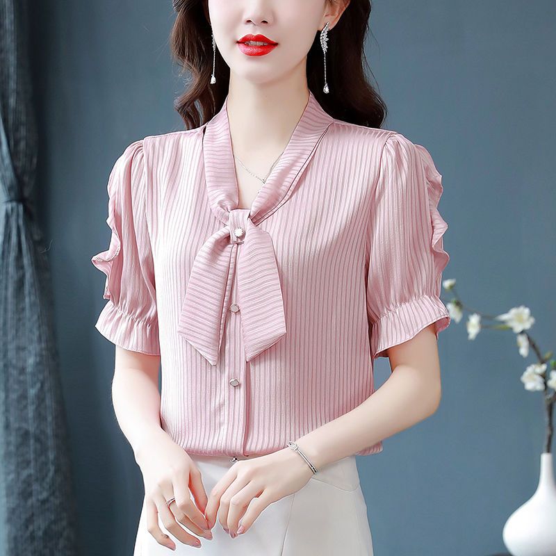 High-End Chiffon Shirt Short-Sleeved Women's Clothing2024Summer New Western Style Women's Shirt Fashion Versatile Top