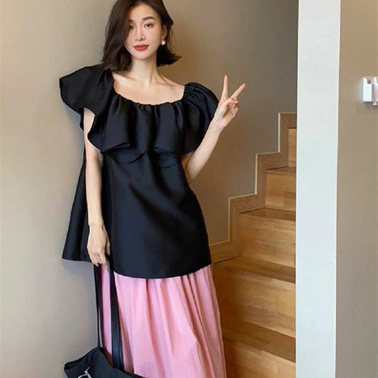 Summer Black Chiffon off-Shoulder Shirt Women's Design Sense Niche Unique Chic Flying Sleeves Top French Shirt