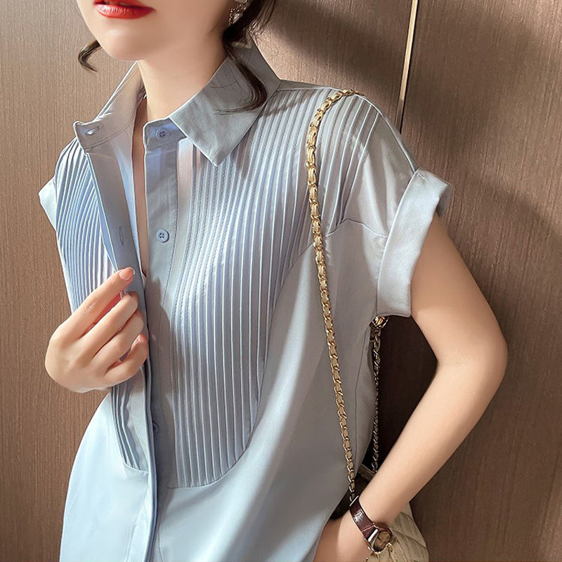 Short-Sleeved White Shirt Women's Summer Organ Pleated Loose Business Shirt Design Sense Niche Chiffon Drop-Shoulder Sleeve Top Fashion