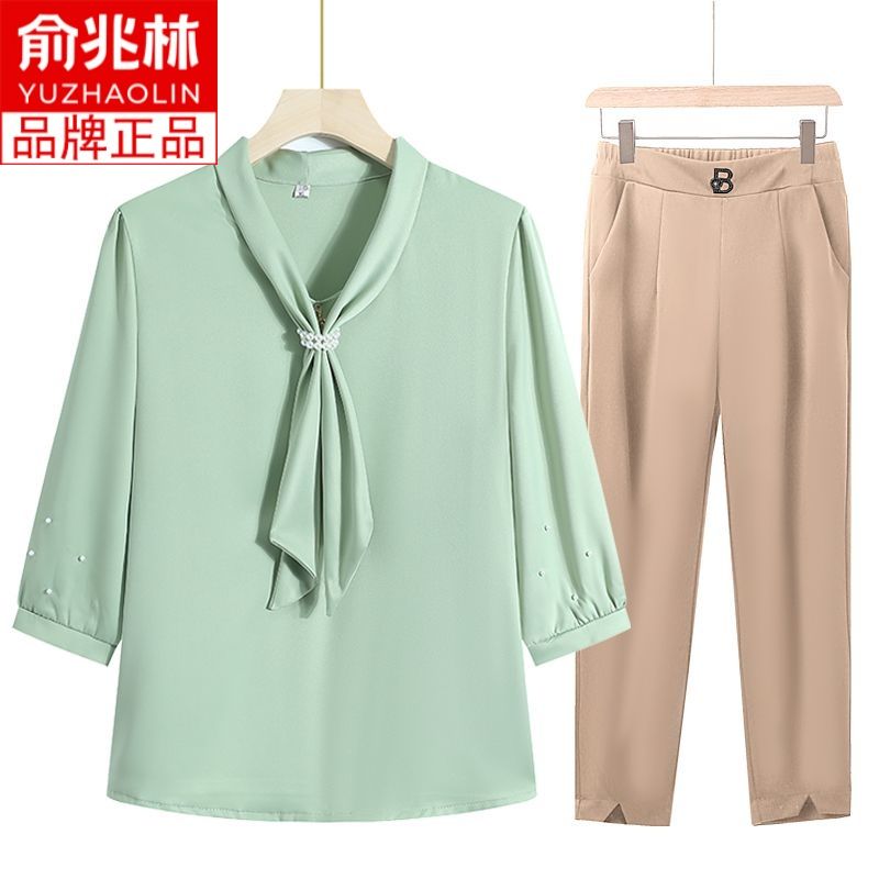 Yu Zhaolin Mom Summer Wear Artificial Silk Half Sleeve T-shirt Middle-Aged and Elderly Women's Spring and Summer Chiffon Shirt Thin Suit