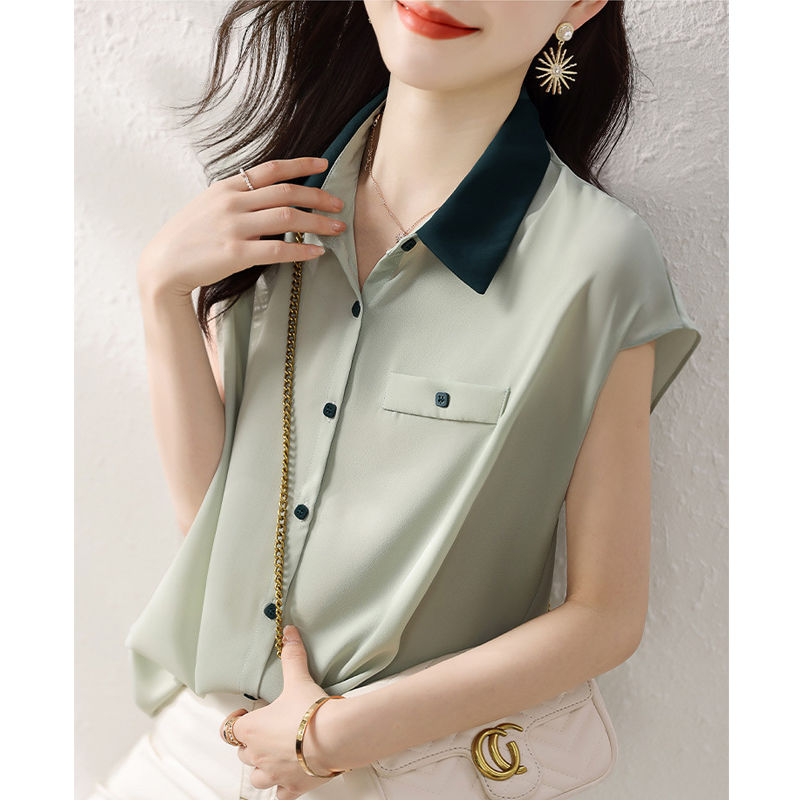 Contrast ColorPoloCollar Chiffon Shirt Short-Sleeved Women's Summer Korean Style Loose Leisure Slimming Niche Western Style Shirt Shirt