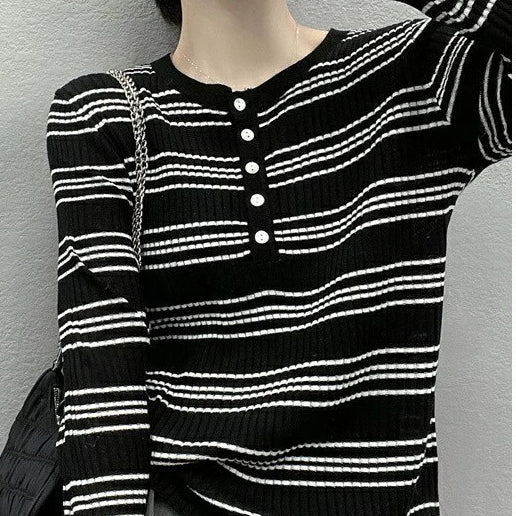 100.00kg Black and White Striped Sweater for Women Early Autumn Thin Idle Style Inner Wear Base Soft Glutinous Half Cardigan Top Fashion