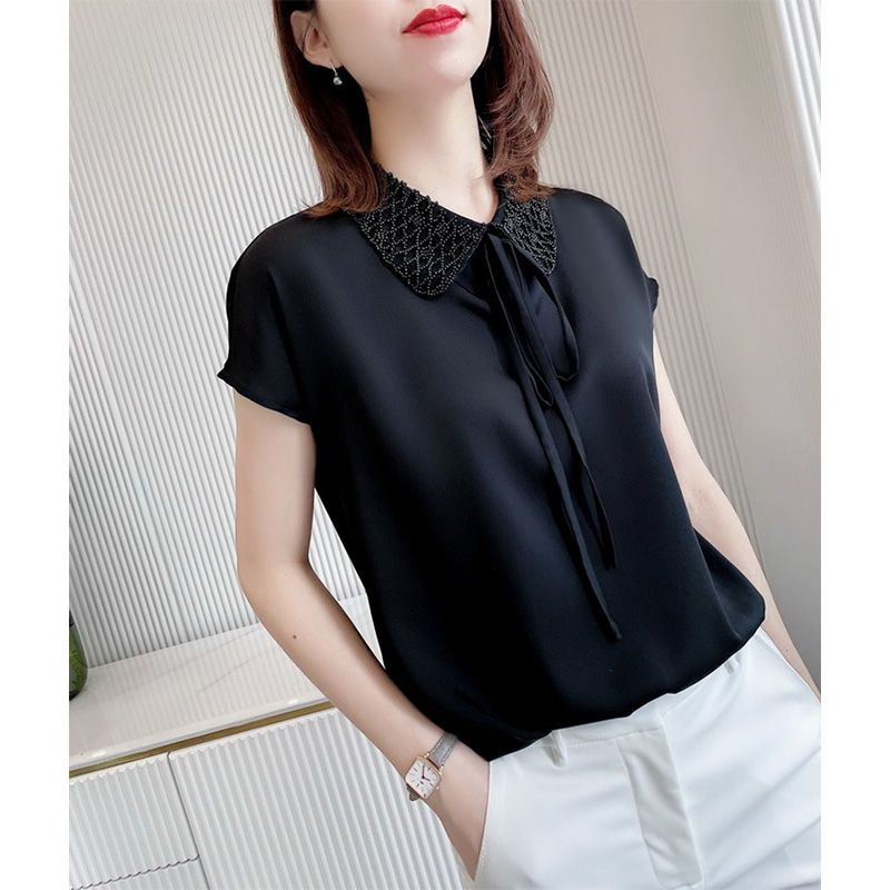 High-End Acetate Satin Shirt Women's Short-Sleeved Shirt 2024 New Summer Doll Collar Western Style Small Shirt White Shirt