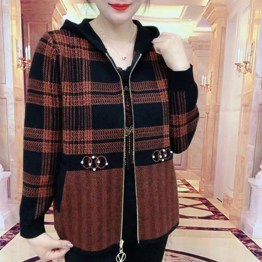 2023 Autumn New Woolen Plaid Coat Women's Casual Hooded Loose plus Size Western Style Slimming Middle-Aged Mom