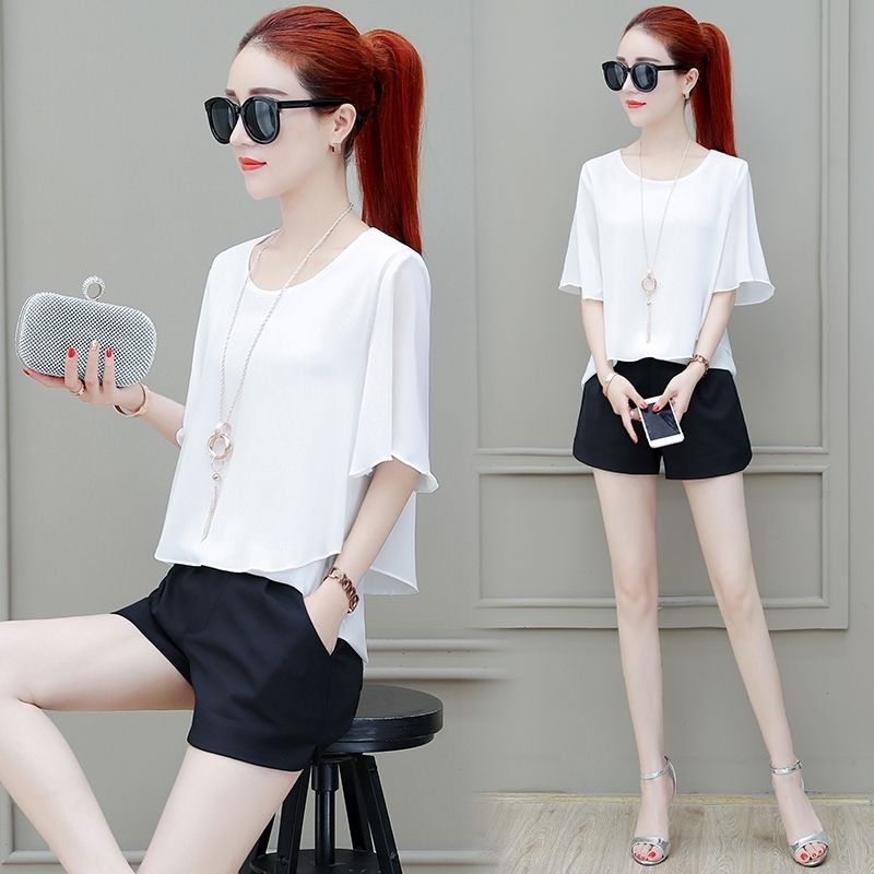 Women's Short-Sleeved Chiffon Shirt Summer 2023 New Loose Western Style Sweet Korean Style Belly Covering Summer Slimming Fashionable Top