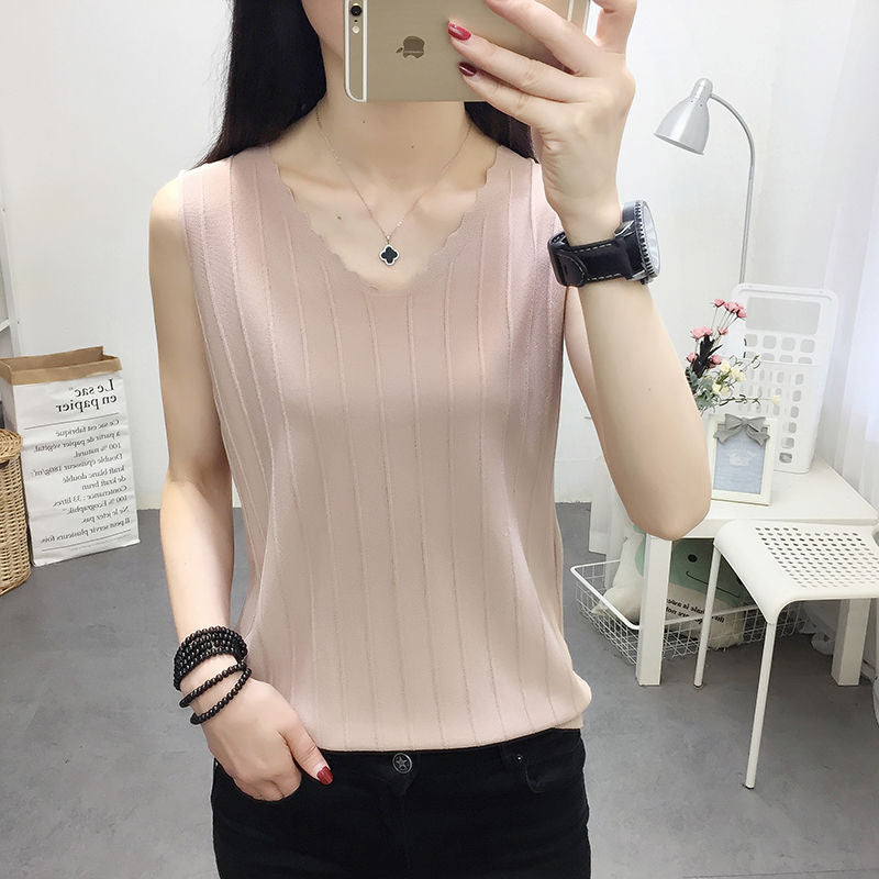 Loose Slimming [45.00 Kg-100.00 kg] V-neck Ice Silk Vest Women's Spring and Summer New All-Match Bottoming Sling Sweater