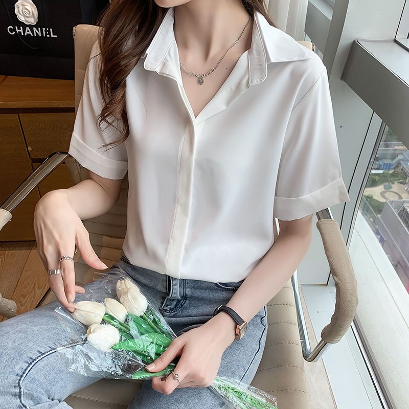 Chiffon Shirt Short Sleeve2023Summer Clothing New Shirt Belly Covering Loose Design Western Style All-Matching Female Western Style Top