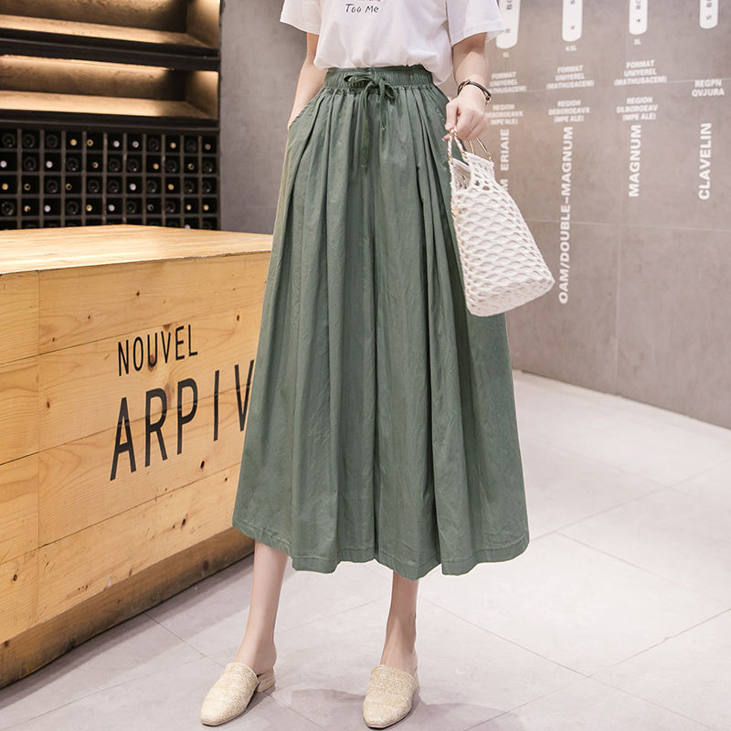 Quần culottes cạp cao nữ xuân hè mới màu trơn Quần ống rộng dáng rộng lưng thun Quần crop thường ngày Quần thời trang Ins