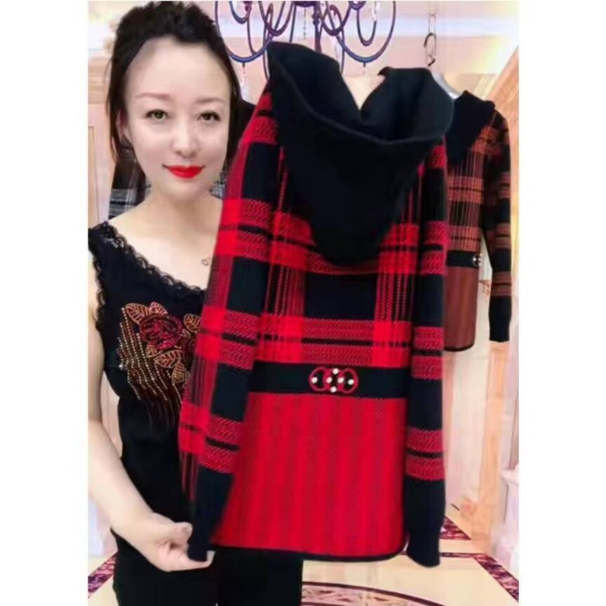 2023 Autumn New Woolen Plaid Coat Women's Casual Hooded Loose plus Size Western Style Slimming Middle-Aged Mom