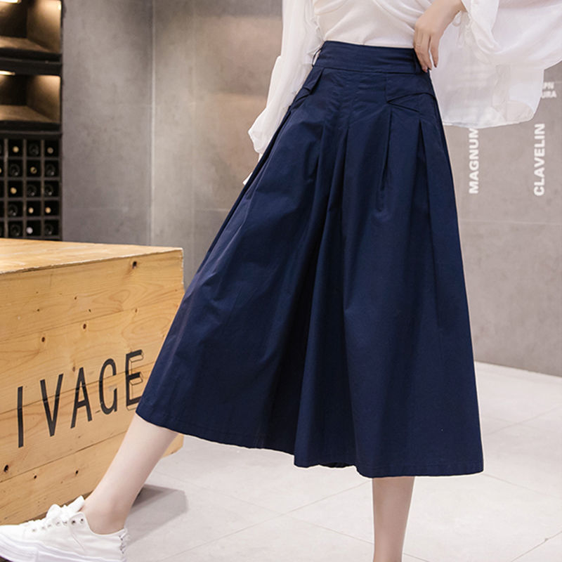 Quần culottes cạp cao nữ xuân hè mới màu trơn Quần ống rộng dáng rộng lưng thun Quần crop thường ngày Quần thời trang Ins