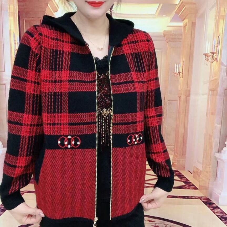 2023 Autumn New Woolen Plaid Coat Women's Casual Hooded Loose plus Size Western Style Slimming Middle-Aged Mom