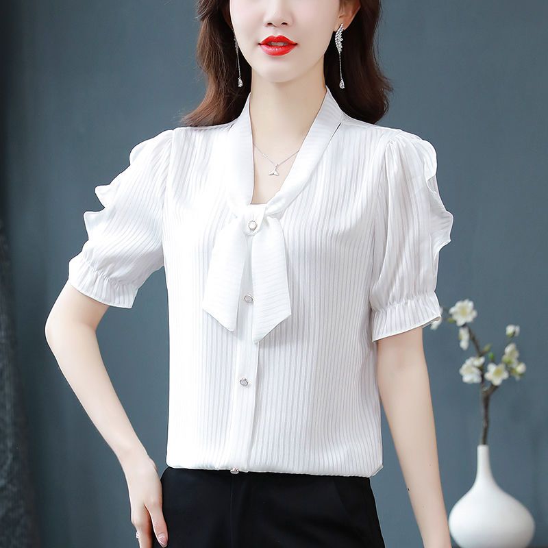 High-End Chiffon Shirt Short-Sleeved Women's Clothing2024Summer New Western Style Women's Shirt Fashion Versatile Top