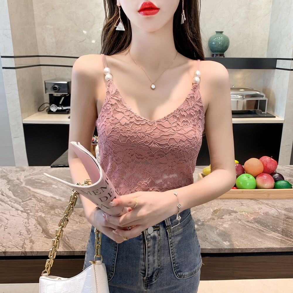 V-neck Lace Pearl Suspender Vest Temperament Sexy Tube Top Wrapped Chest Slim Fit Outer Wear Underwear Suit Inner Wear Blouse