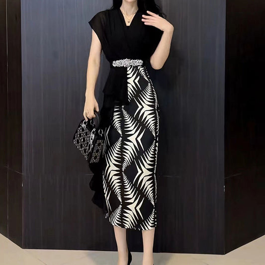 Affordable Luxury Fashion Satin Dress 2023 Summer New Printed Patchwork Waist-Slimming Western Style Slimming Mid-Length Dress