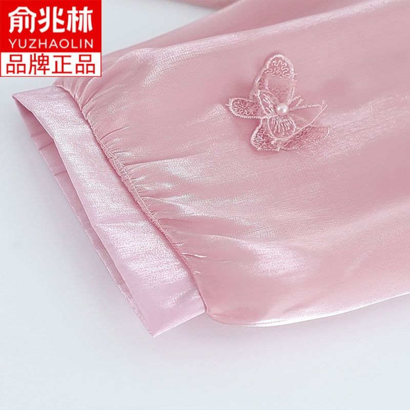 Yu Zhaolin Mom Summer Wear Artificial Silk Half Sleeve T-shirt Middle-Aged and Elderly Women's Spring and Summer Chiffon Shirt Thin Suit