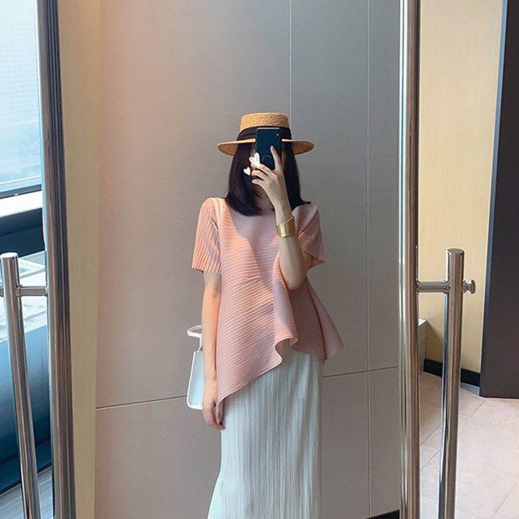 sale!Sanzhai Peplum Top không đều ngắn tay hàng đầu mùa hè xếp li lỏng giữa Chiều dài Niche giảm béo T-Shirt cho cuộc sống của phụ nữ