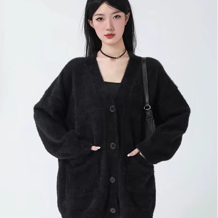 Idle Style Plush Solid Color Spring and Autumn Baggy Coat Imitated Mink Top Women's Mid-Length Cardigan with Ins