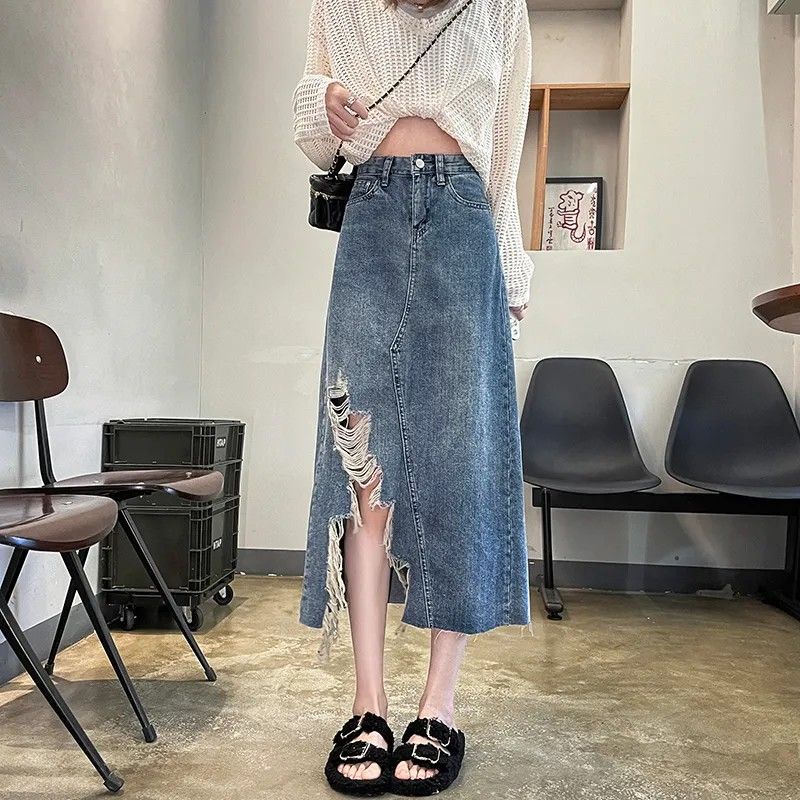 Váy Denim lưng cao Mới Không Đều Chiều Dài Váy Giảm Béo Đa Năng Béo Cô Gái Hình Quả Lê Váy Chữ A