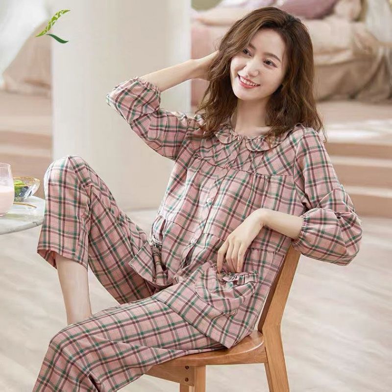 100% bộ đồ ngủ cotton hai mặt nữ mùa xuân và mùa thu tay áo dài size lớn bộ quần áo nhà cotton đầy đ2211