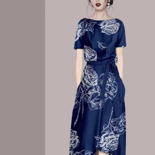 2022 Summer New High Sense Western Style Printed Slim-Fit Dress Lace-up Waist-Controlled Slimming Mid-Length Skirt for Women