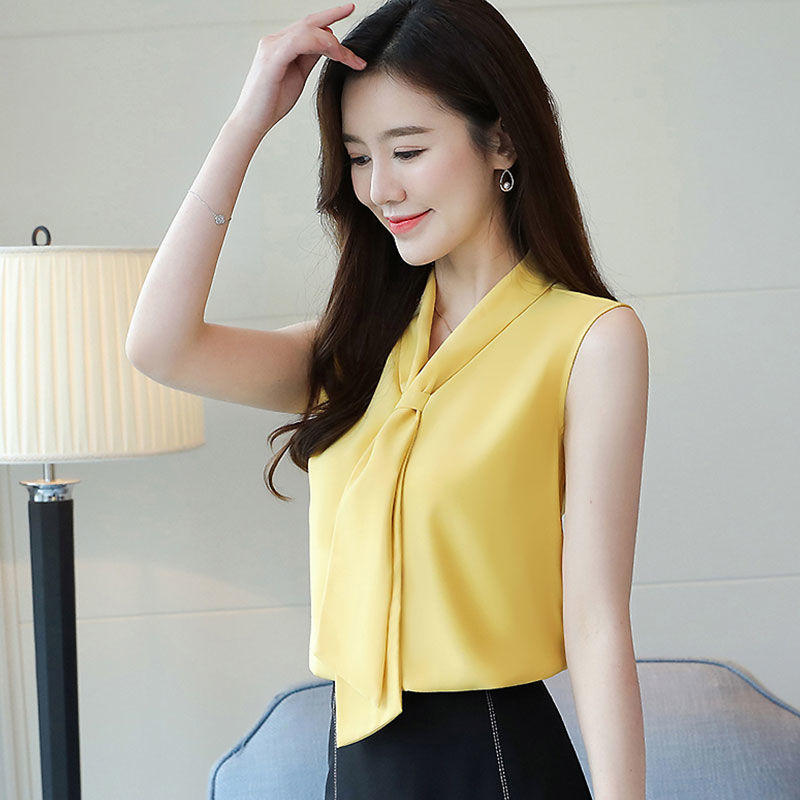 Belly-Covering Sleeveless Chiffon Shirt Women's Summer New Bow V-neck Camisole Women's Short Top Clothes Women