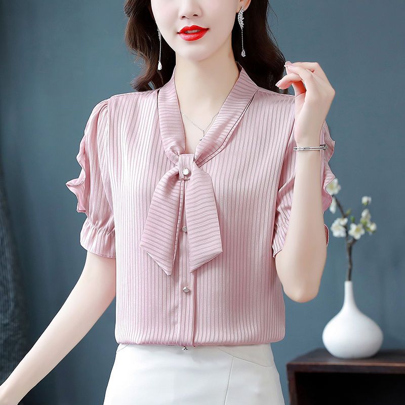 High-End Chiffon Shirt Short-Sleeved Women's Clothing2024Summer New Western Style Women's Shirt Fashion Versatile Top