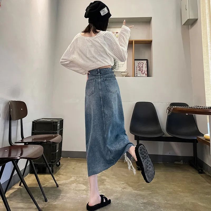 Váy Denim lưng cao Mới Không Đều Chiều Dài Váy Giảm Béo Đa Năng Béo Cô Gái Hình Quả Lê Váy Chữ A