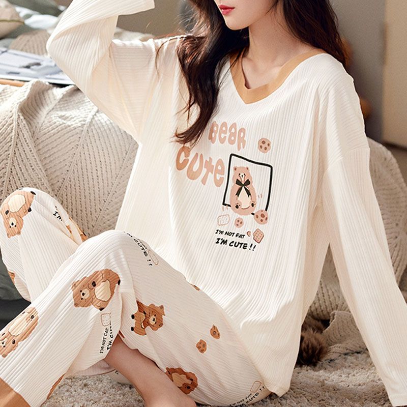 Bộ Đồ Ngủ 100% Cotton Nữ Xuân Thu Đông Dài Tay Quần Mới Rời Và Dễ Thương Của Cô Gái Mặc Nhà Bộ Đồ Mùa Thu