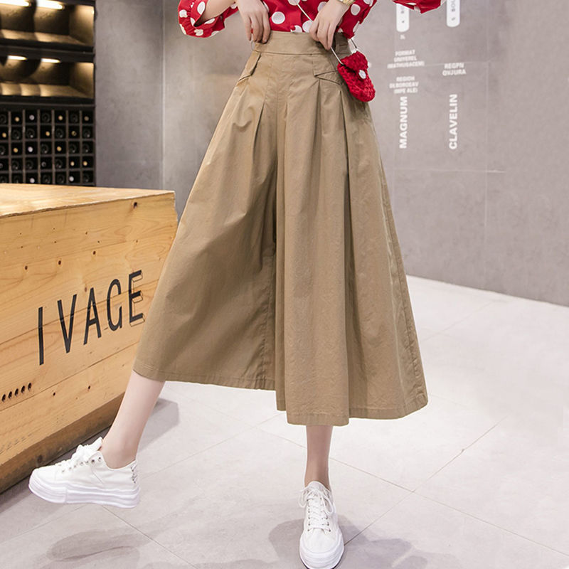 Quần culottes cạp cao nữ xuân hè mới màu trơn Quần ống rộng dáng rộng lưng thun Quần crop thường ngày Quần thời trang Ins