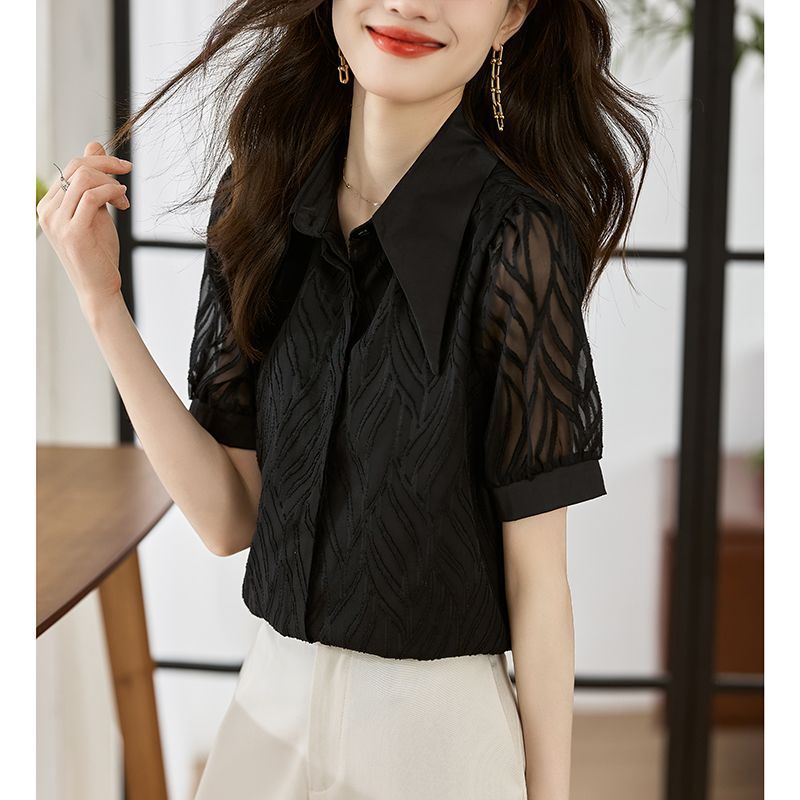 French Style Temperament All-Match Pointed Collar Chiffon Short-Sleeved Shirt Women's Solid Color Top Breathable Commute Leisure Shirt Women's Summer