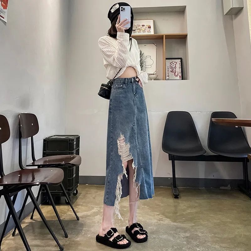 Váy Denim lưng cao Mới Không Đều Chiều Dài Váy Giảm Béo Đa Năng Béo Cô Gái Hình Quả Lê Váy Chữ A