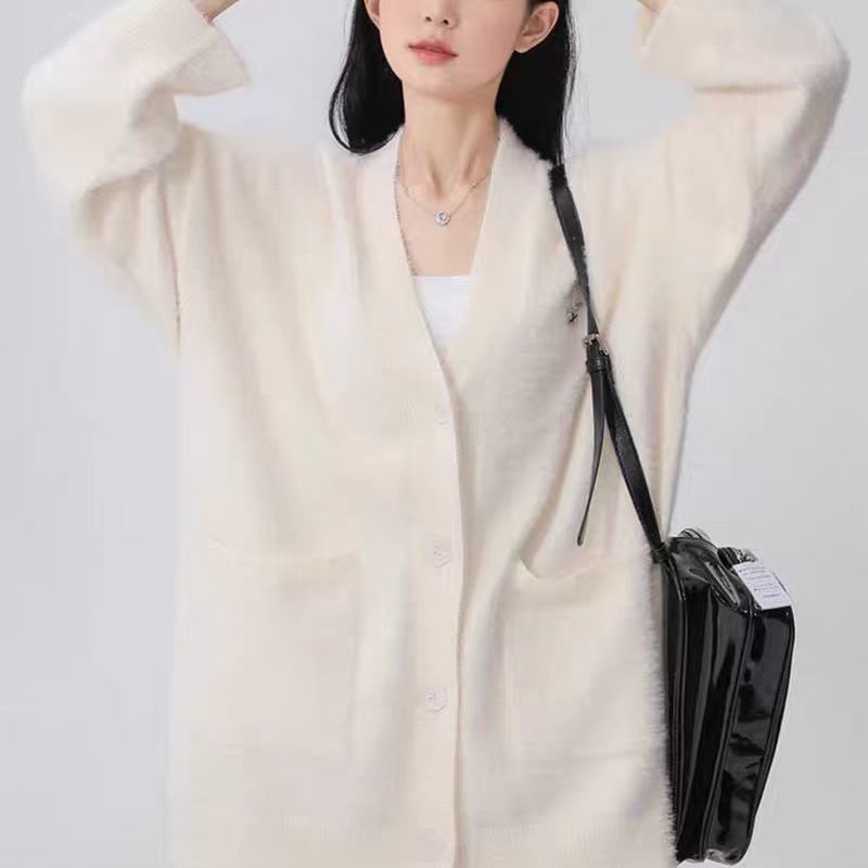 Idle Style Plush Solid Color Spring and Autumn Baggy Coat Imitated Mink Top Women's Mid-Length Cardigan with Ins