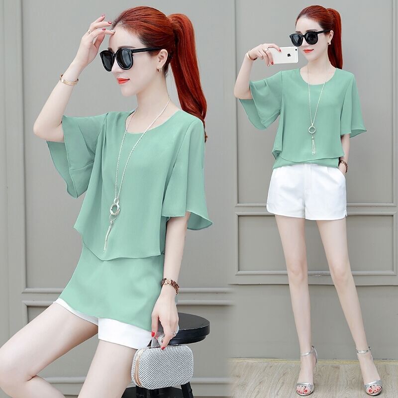 Women's Short-Sleeved Chiffon Shirt Summer 2023 New Loose Western Style Sweet Korean Style Belly Covering Summer Slimming Fashionable Top