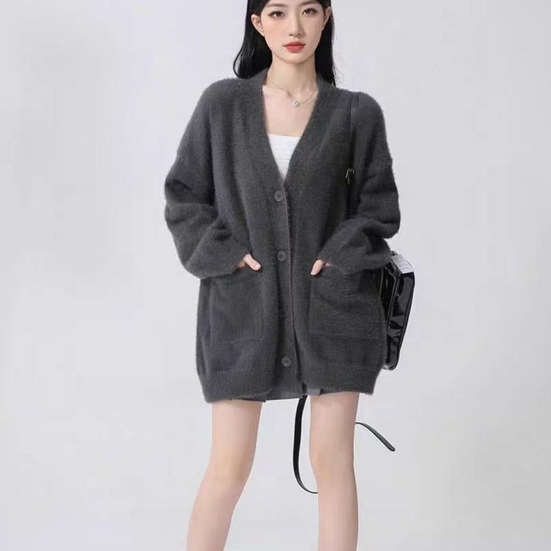 Idle Style Plush Solid Color Spring and Autumn Baggy Coat Imitated Mink Top Women's Mid-Length Cardigan with Ins