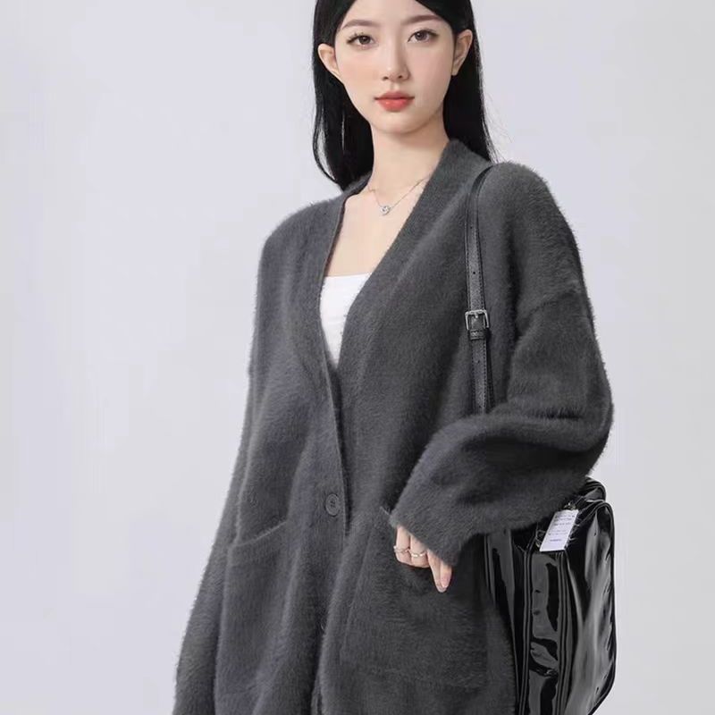 Idle Style Plush Solid Color Spring and Autumn Baggy Coat Imitated Mink Top Women's Mid-Length Cardigan with Ins