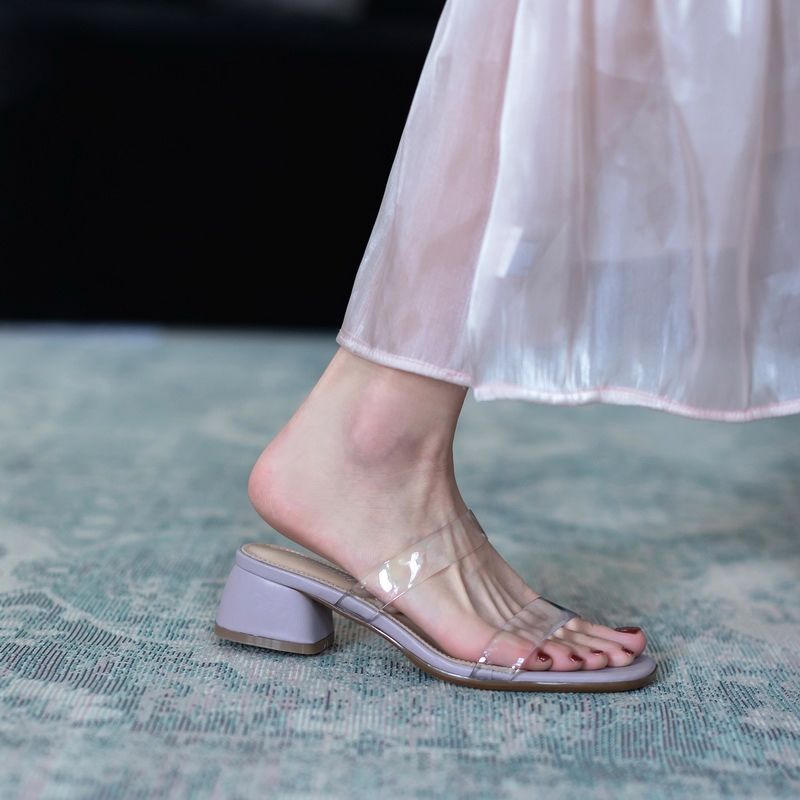 Internet-Famous Slippers Women's Summer Outerwear2024New Fashionable Chunky Heel Mid Heel Slippers Transparent SandalsinsTide