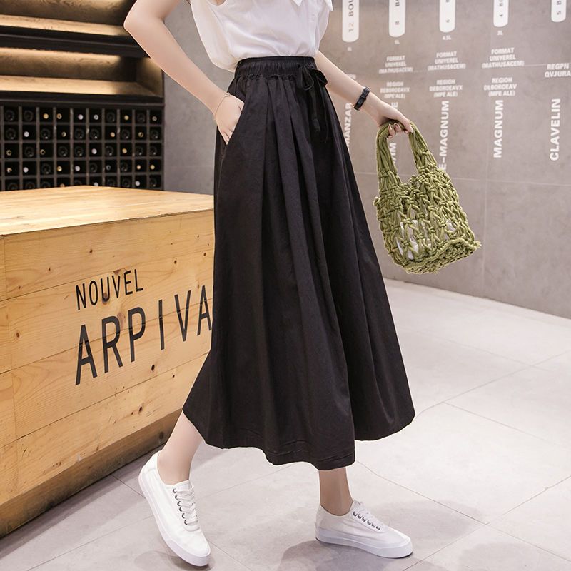 Quần culottes cạp cao nữ xuân hè mới màu trơn Quần ống rộng dáng rộng lưng thun Quần crop thường ngày Quần thời trang Ins