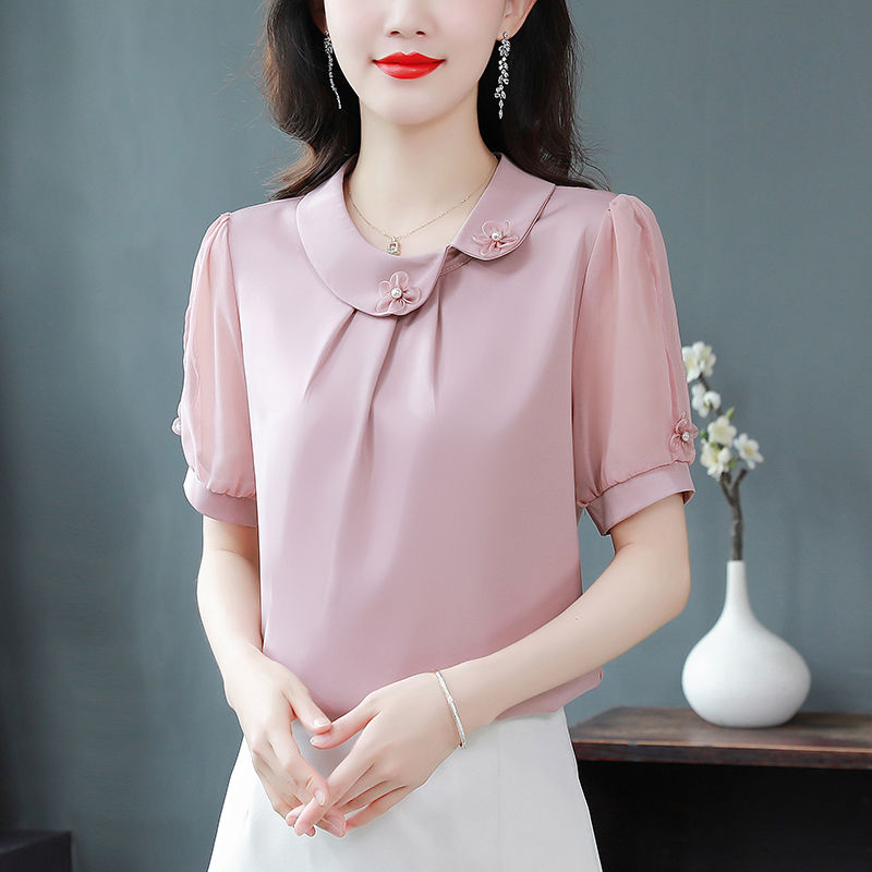 European style2024Fashionable Fashionable Fashionable Mom High-End Shirt New Women's Middle-Aged Summer Solid Color Short-Sleeved Shirt