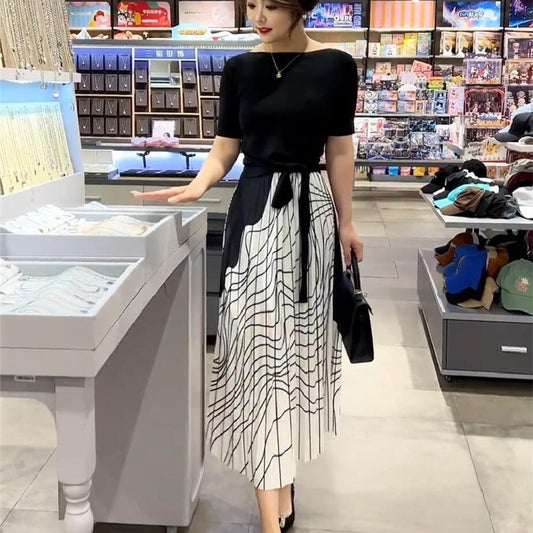 New Elegant Suit Skirt Niche round Neck Tied Design Short Sleeve Top High Waist Thin Looking Cool Striped Pleated Skirt