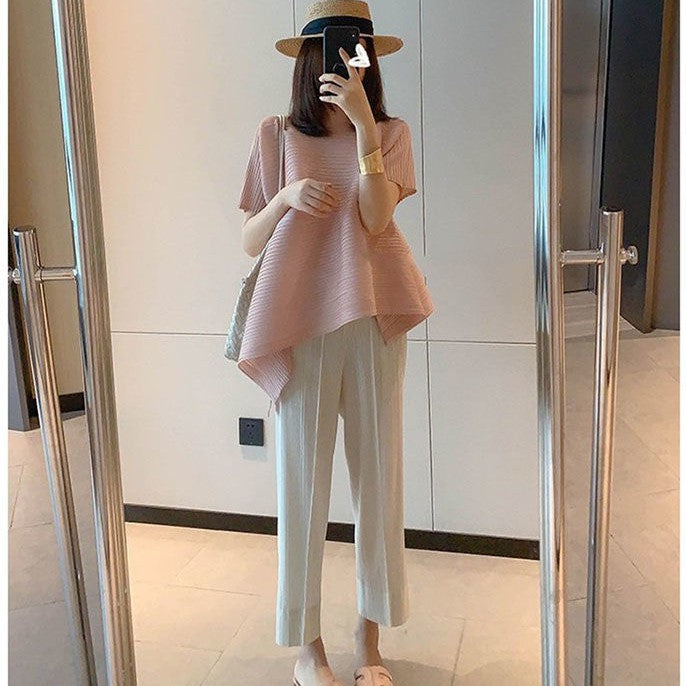 sale!Sanzhai Peplum Top không đều ngắn tay hàng đầu mùa hè xếp li lỏng giữa Chiều dài Niche giảm béo T-Shirt cho cuộc sống của phụ nữ