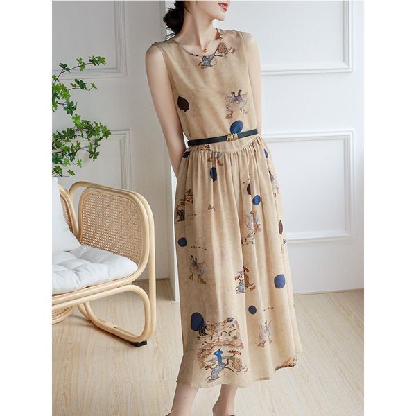 Foreign Trade Export to Italy Original Single Big Brand Label Cut Women's Clothes Printed Chiffon Dress Summer Sleeveless Vest Long Dress
