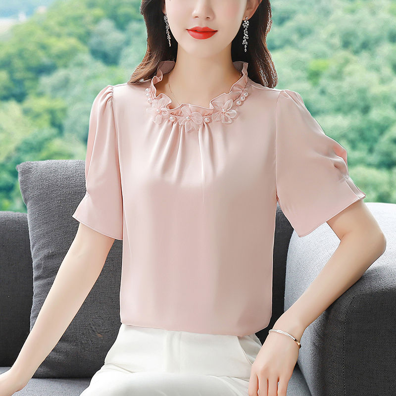 2024New Summer Top for Women Loose Shirt Belly Covering Advanced All-Match and Sweet Short Sleeve Western Style High-End Satin