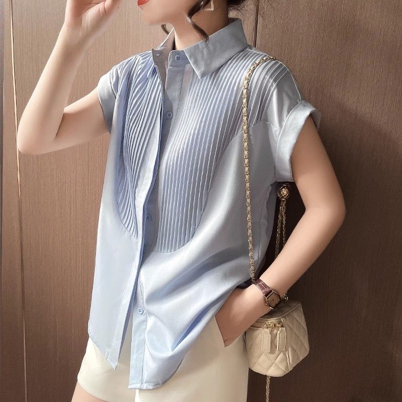 Leisure Professional Blue Shirt Women's Summer New Korean Style Pleated Design Sense Niche Top Drop-Shoulder Sleeve Shirt
