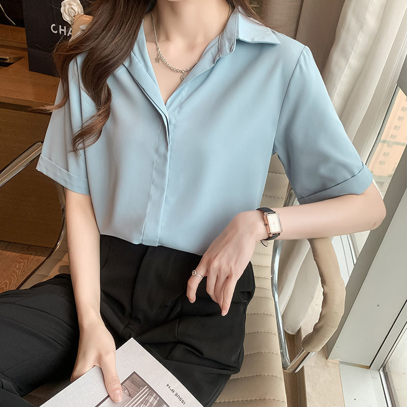 Chiffon Shirt Short Sleeve2023Summer Clothing New Shirt Belly Covering Loose Design Western Style All-Matching Female Western Style Top