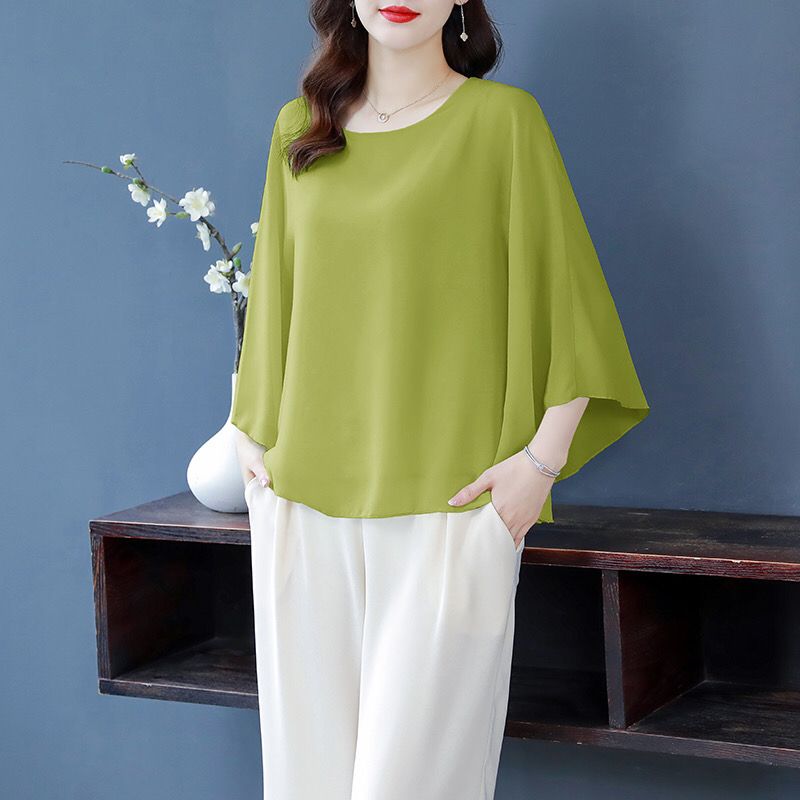 Batwing Shirt Summer Women's Loose T-shirt Small Shirt 2022 Spring and Summer Large Size Anti-Wrinkle Elegant Chiffon All-Matching Super Fairy Top