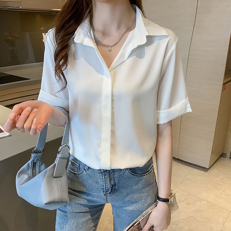 Chiffon Shirt Short Sleeve2023Summer Clothing New Shirt Belly Covering Loose Design Western Style All-Matching Female Western Style Top