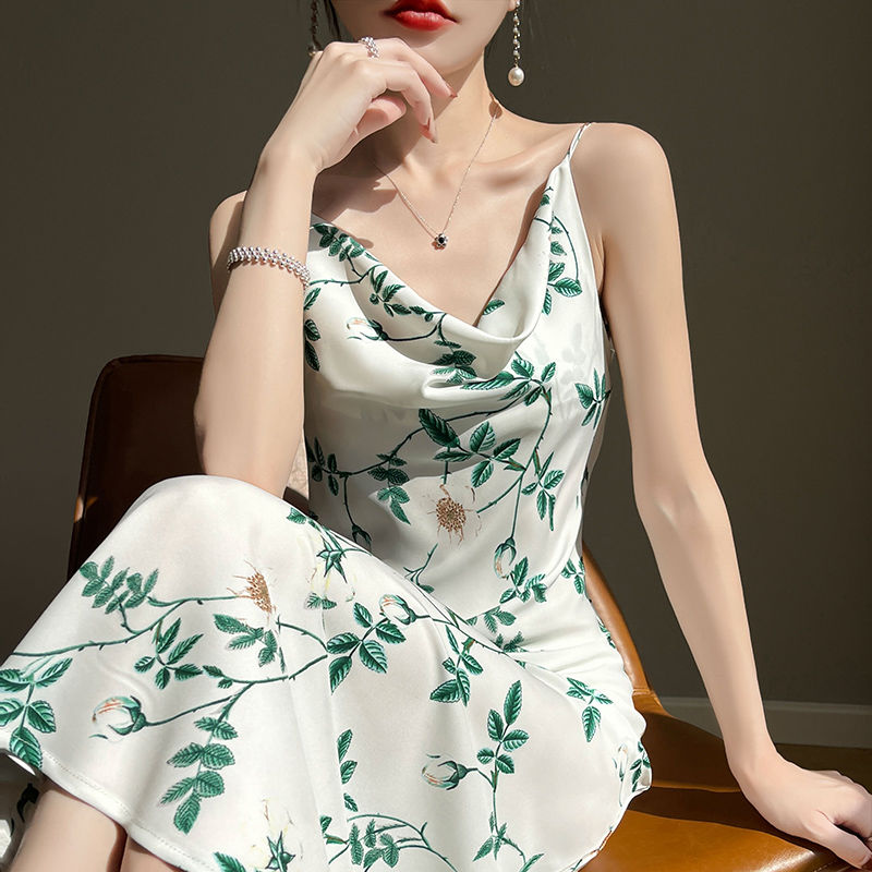 Triacetate Silk Suspender Dress Women's Summer Swing Collar High-End Mulberry Silk Satin Printed Inner A- line Dress
