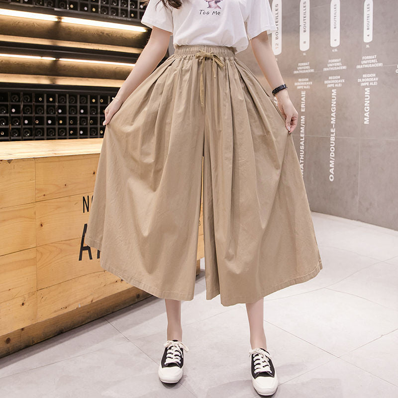 Quần culottes cạp cao nữ xuân hè mới màu trơn Quần ống rộng dáng rộng lưng thun Quần crop thường ngày Quần thời trang Ins